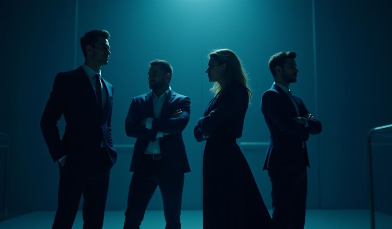 Lurventhalexonの多分野にわたる専門家チームが協力している様子。ホログラフィックな数式、コード、アートの視覚化が彼らの周りを飛び交い、精密な革新を象徴している。