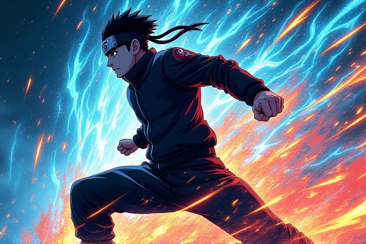 ナルト風のダイナミックなモーショングラフィックス、エネルギーエフェクト、幾何学模様を特徴とするスタイライズされたアニメアート