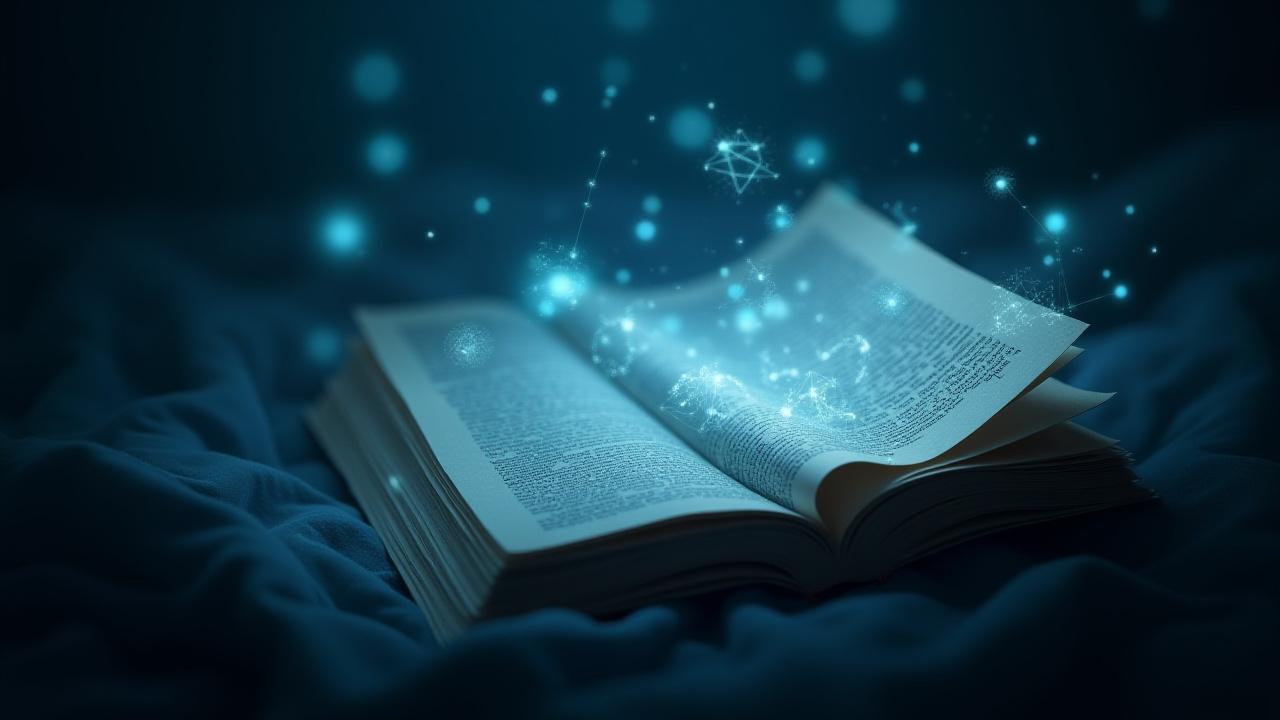 物語のページと幾何学的な記号や暗号が融合した抽象的なビジュアル、ゲームの物語に数学を統合するコンセプトを示す