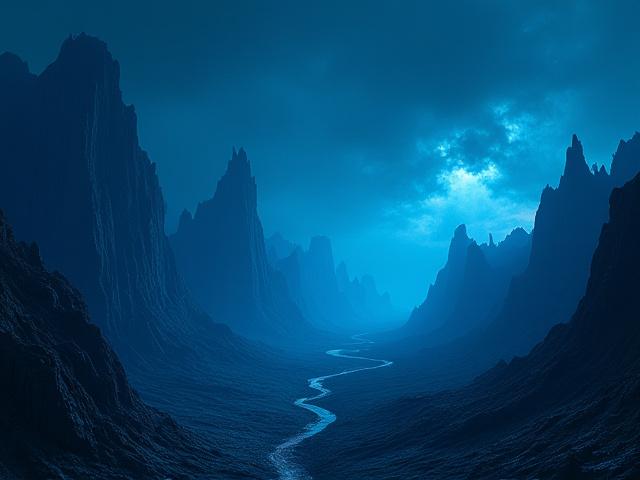 壮大なフラクタル形状の山々がそびえ立つ、幻想的な異世界の風景